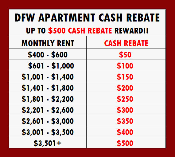 Dallas Fort Worth, TX Apartment Rental Cash Rebate Reward