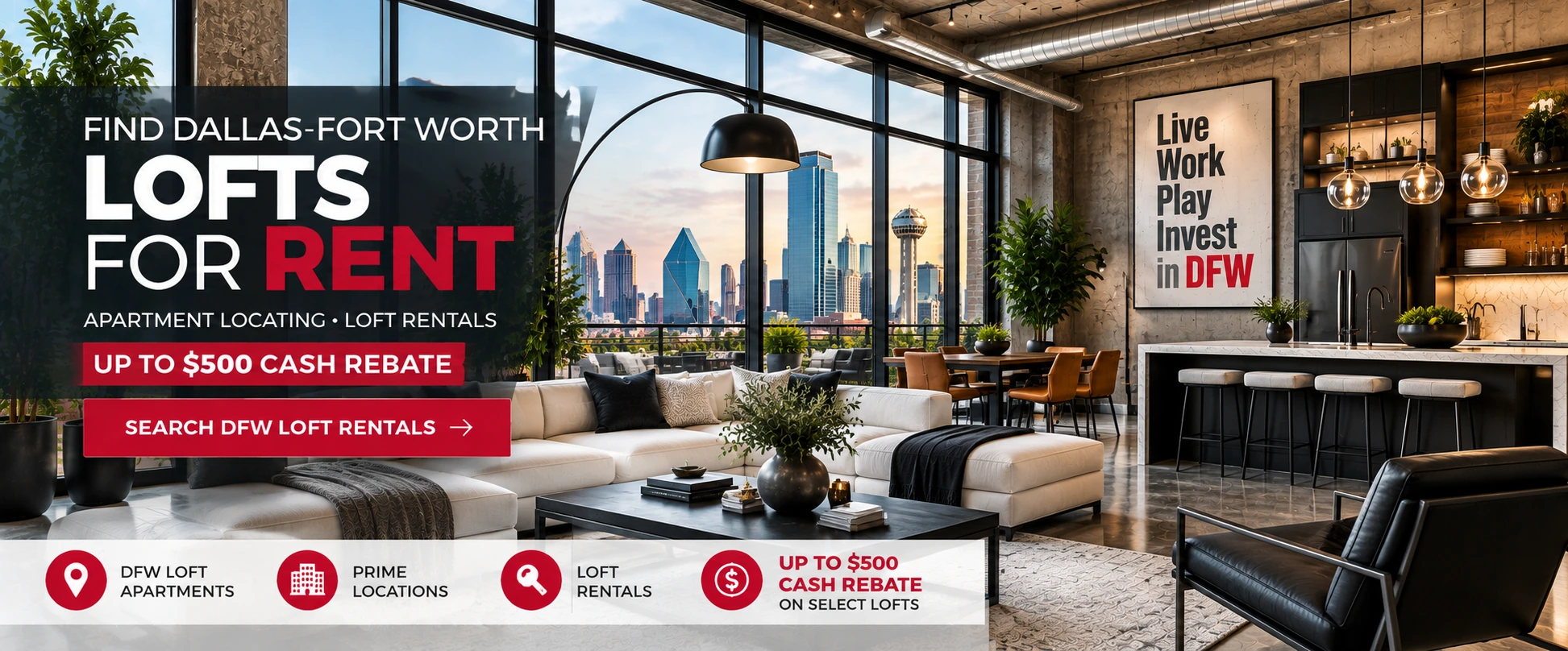 Search Dallas-Fort Worth lofts for rent and qualifying apartment cash rebate opportunities