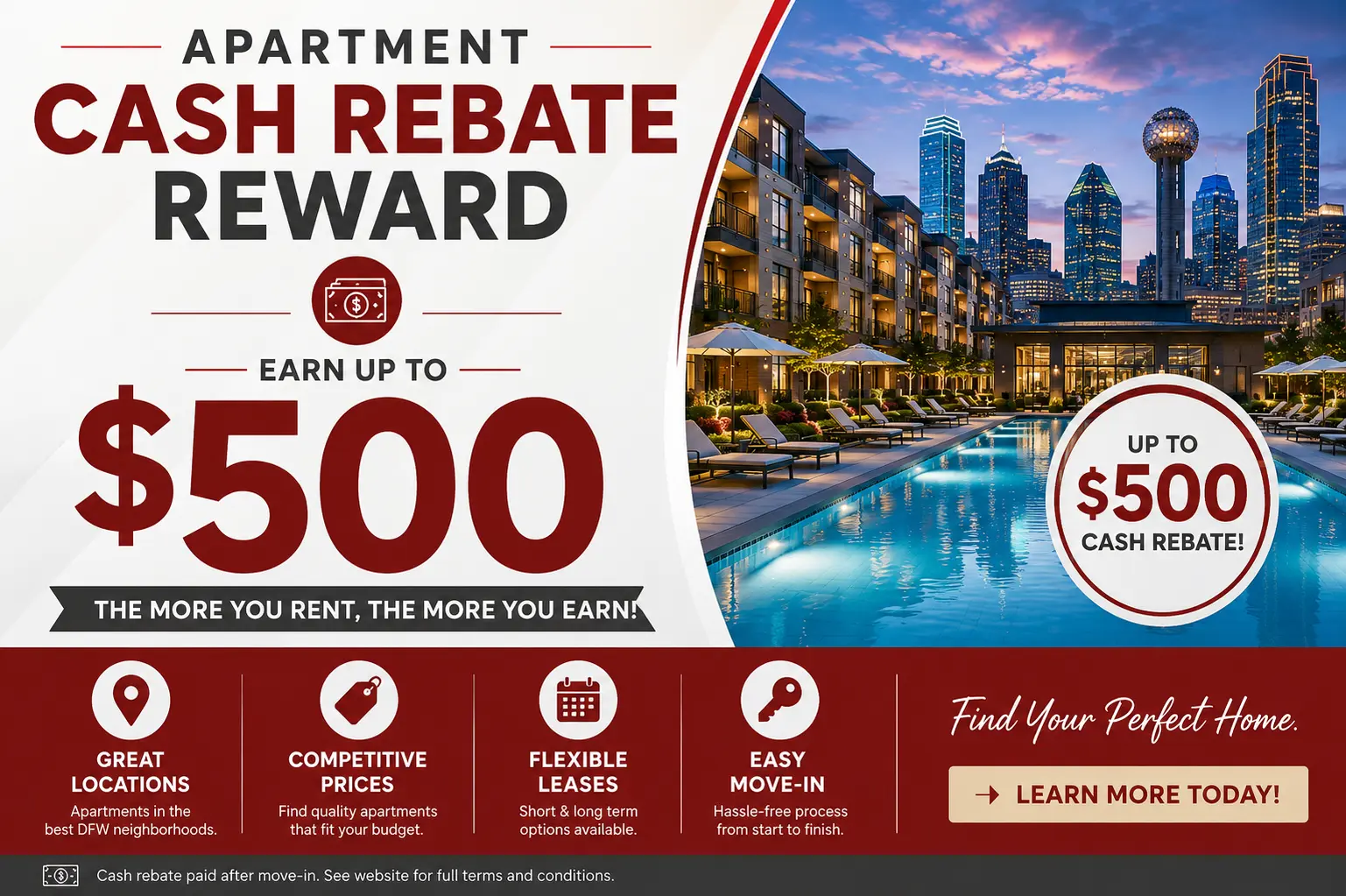 Cash Rebate on Dallas Fort Worth, TX Apartments Up to $500