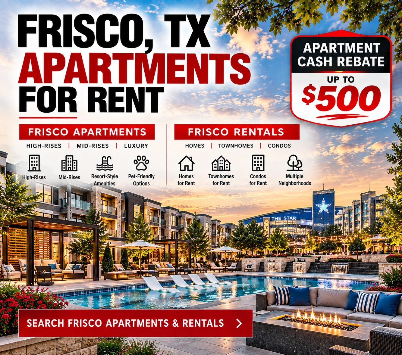 Search Frisco TX apartments for rent, rental homes, townhomes and condos with apartment cash rebate up to $500