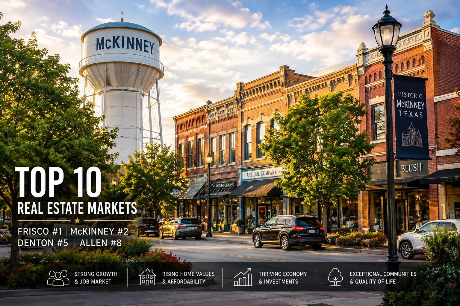 Downtown McKinney, TX featuring the McKinney water tower and downtown district, highlighting McKinney, Frisco, Denton and Allen as four of the Top 10 U.S. real estate markets for 2026.
