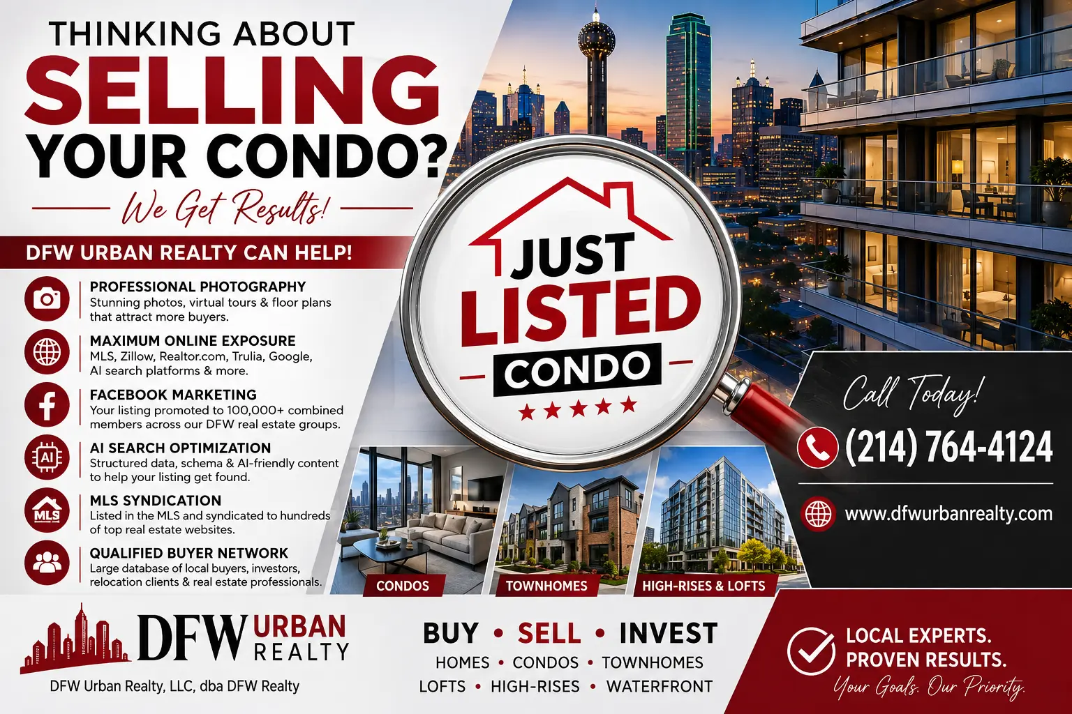 Sell your Dallas-Fort Worth condo with DFW Urban Realty including luxury condo marketing, MLS exposure, professional photography, social media marketing and AI-powered real estate marketing.